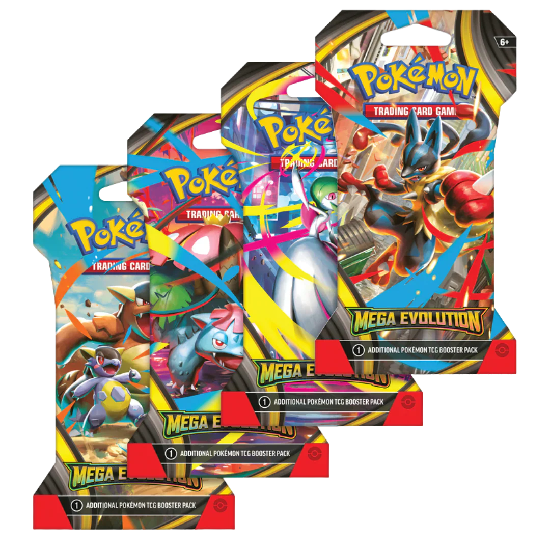 Pokémon Mega Evolution 4x Sleeved Booster Pack Art Set ENG boosters officiels en vente au Maroc sur Collectorshop.ma