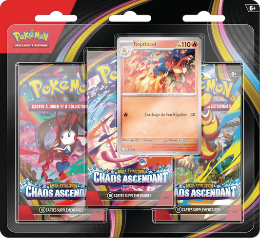 Tripack Pokémon Méga-Évolution Chaos Ascendants ME04 Reptincel FR officiel disponible au Maroc sur Collectorshop.ma